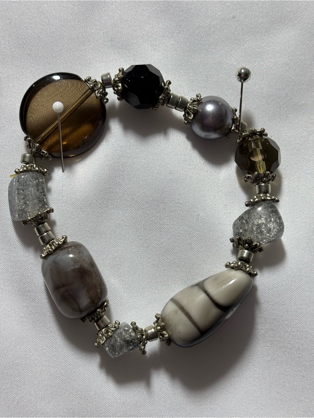 Vintage Elegant Neutral Bead Stretch Bracelet - Gray and Brown 8”
